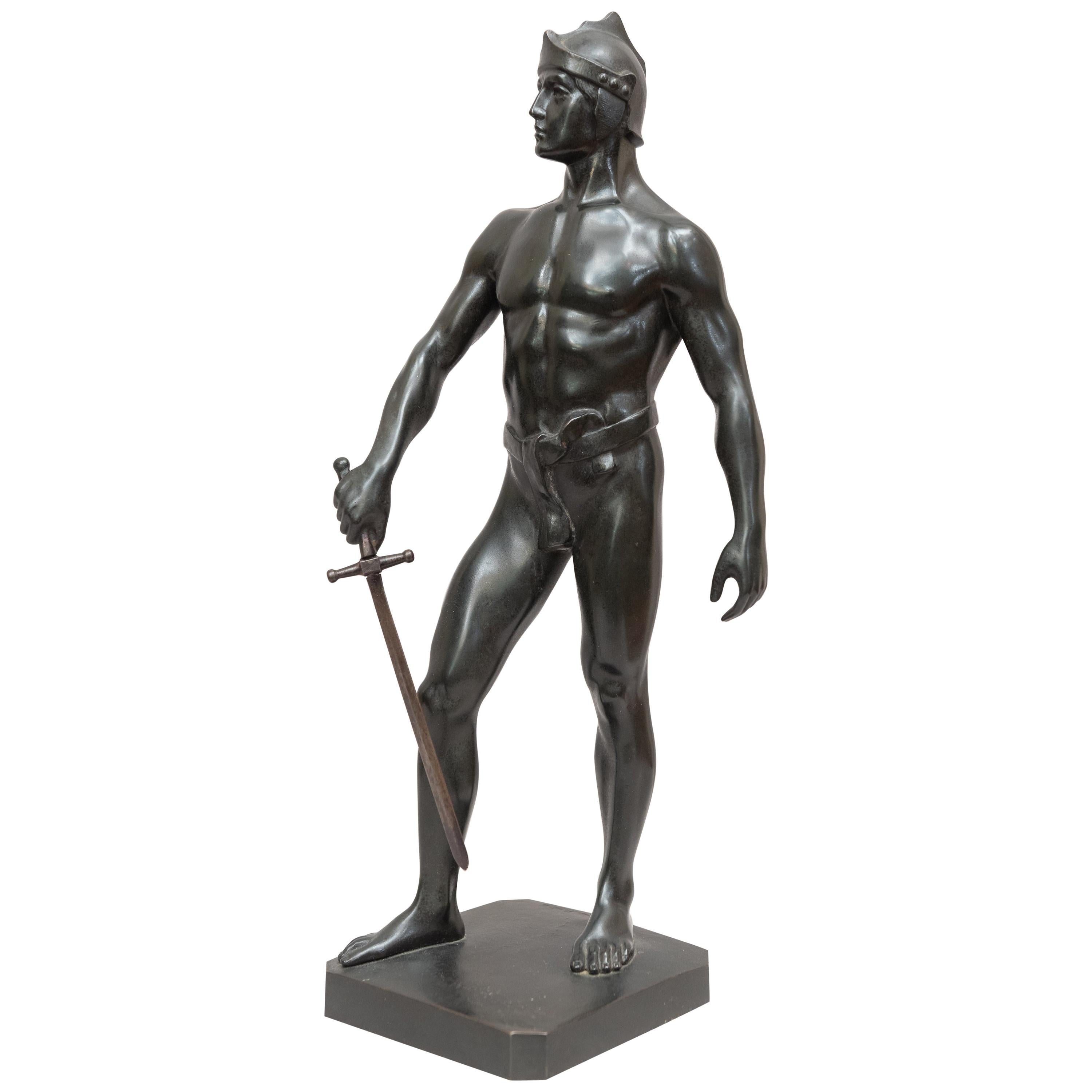 Bronze Male Figure of Handsome Young Warrior, Artist Signed, German, circa 1890 For Sale