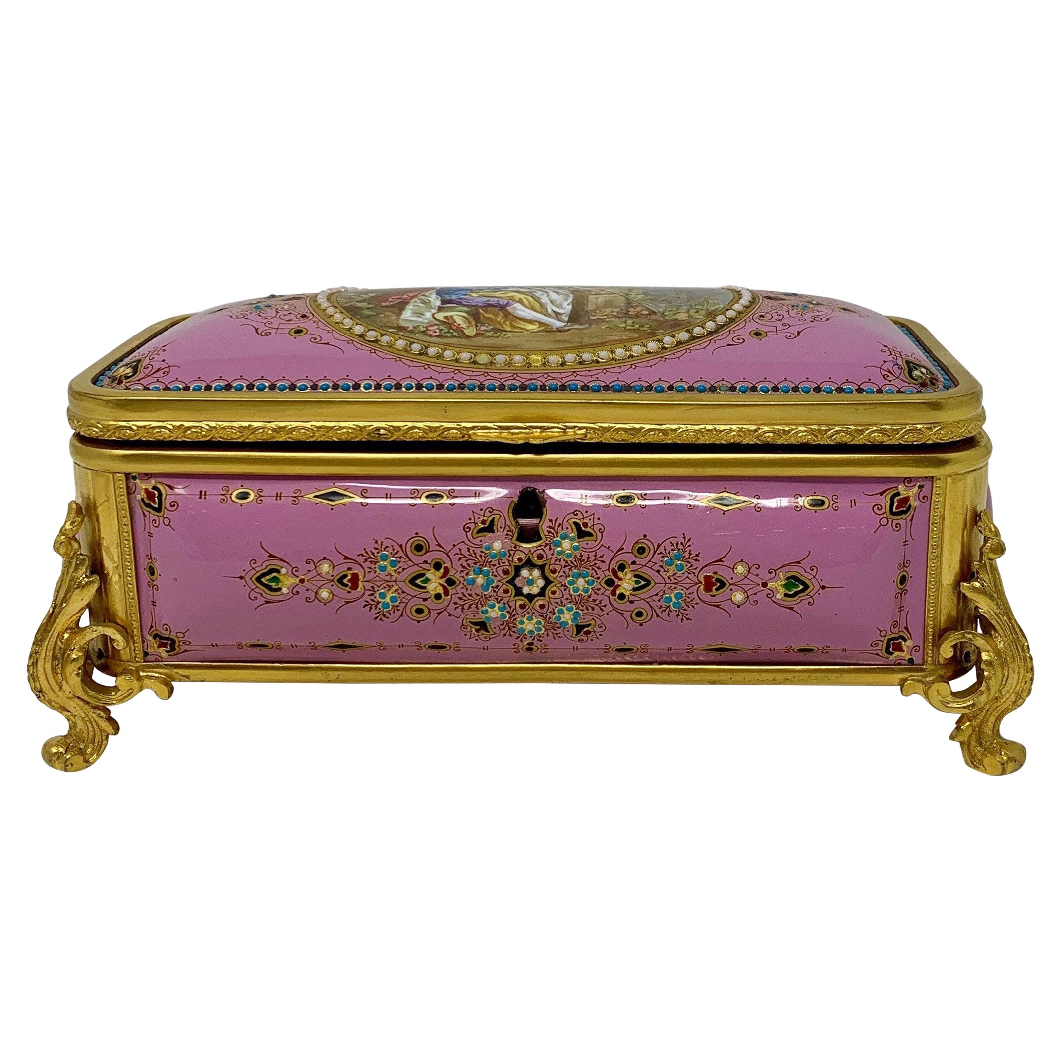 Antique French Pink Enameled Ormolu Box, circa 1860-1870