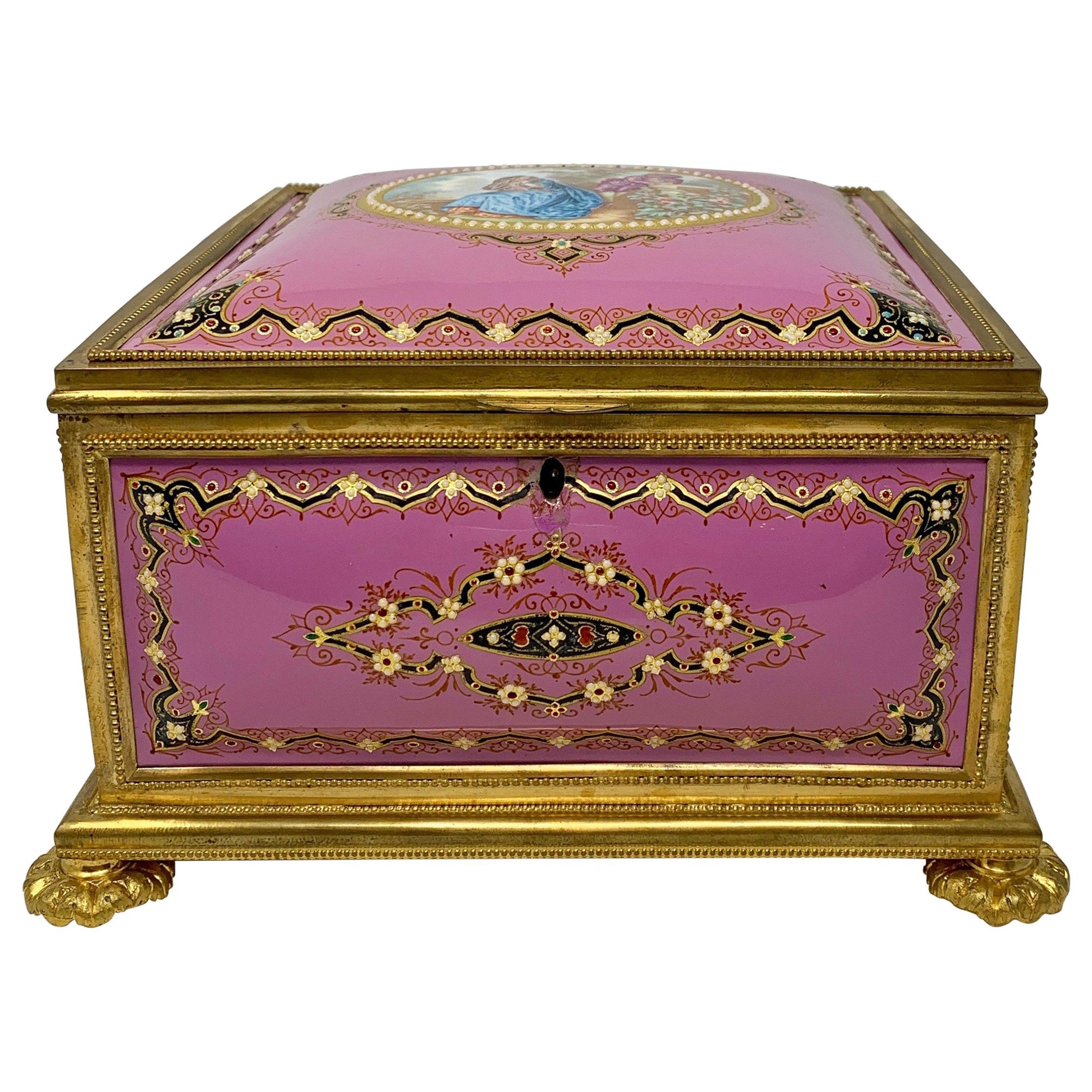 Antique French Pink Enameled Ormolu Jewel Box, circa 1870