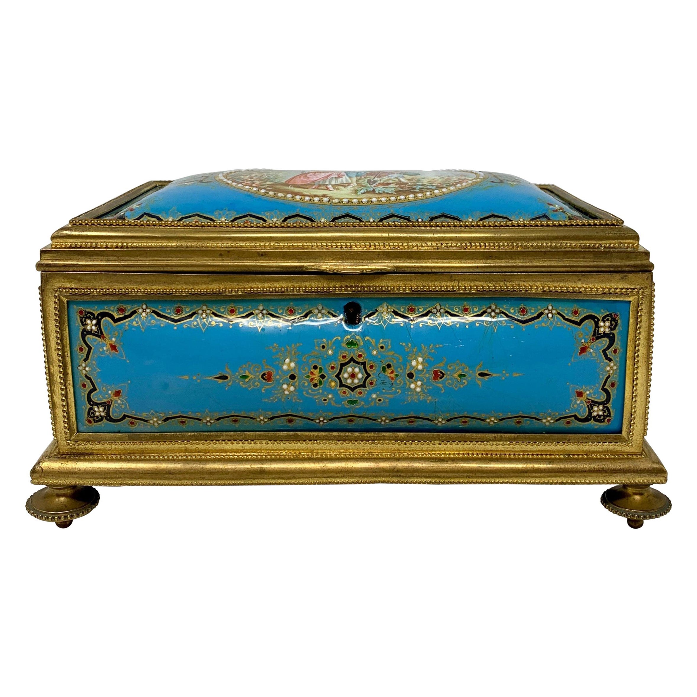 Antique French Ormolu and Blue Enameled Box For Sale