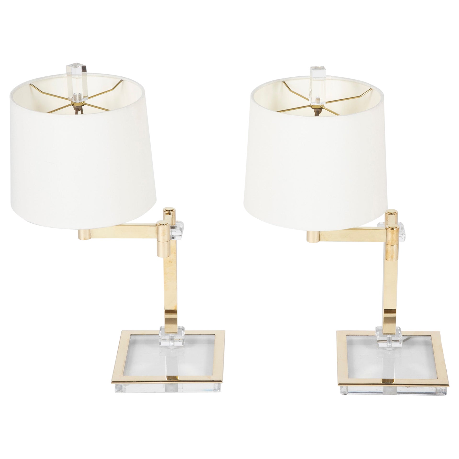 Pair Italian Lucite and Brass Adjustable Bedside Lamps, Mid 20th Century