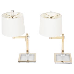 Pair Italian Lucite and Brass Adjustable Bedside Lamps, Mid 20th Century