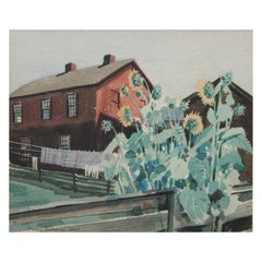 Original-Aquarell von Stevan Dohanos, 1934, Bauernhaus und Sonnenblumen