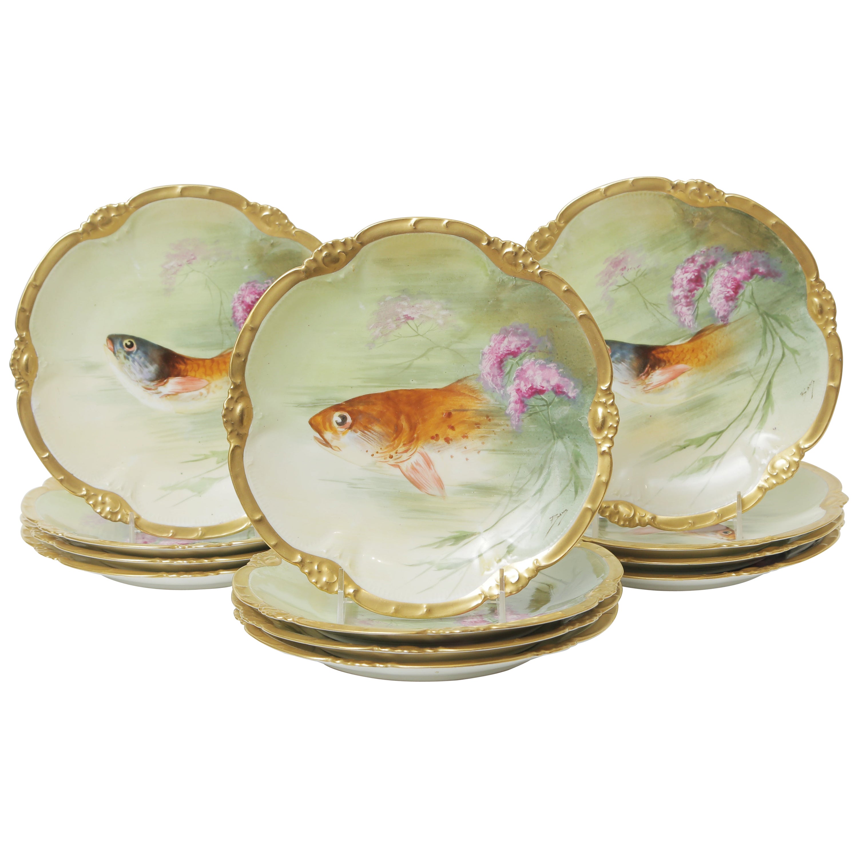 Set of 11 Limoges B.R Hand Painted Fish Plates For Sale at 1stDibs