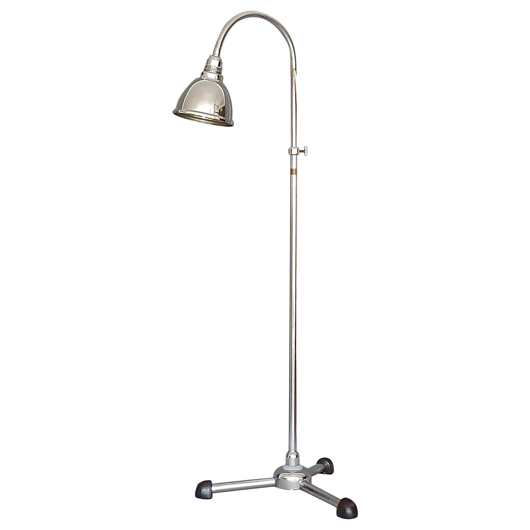 Christian Dell Bauhaus Chrom-Metall-Stehlampe, Standard, Gooseneck, Art déco, 1930er Jahre