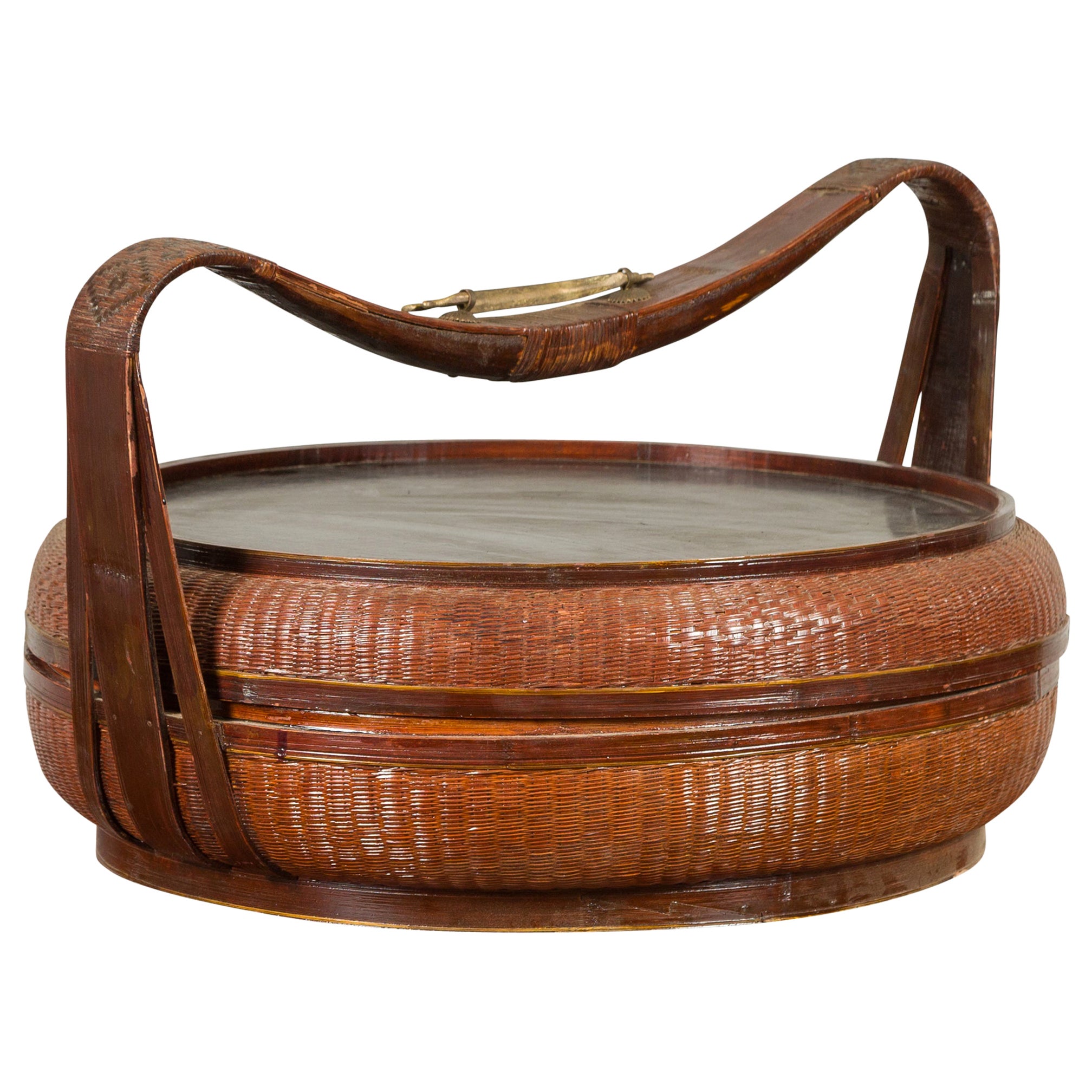 Chinese Antique Bamboo Basket with Painted Lid For Sale at 1stDibs