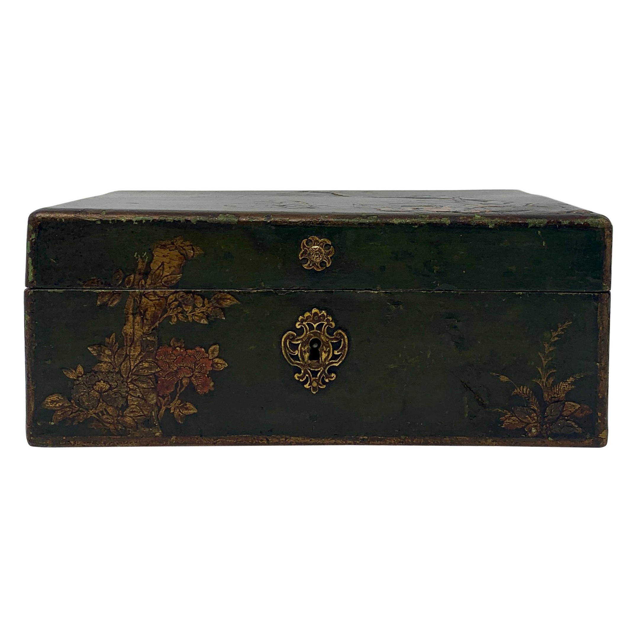 Antique Chinoiserie Painted Wood Jewel Box For Sale