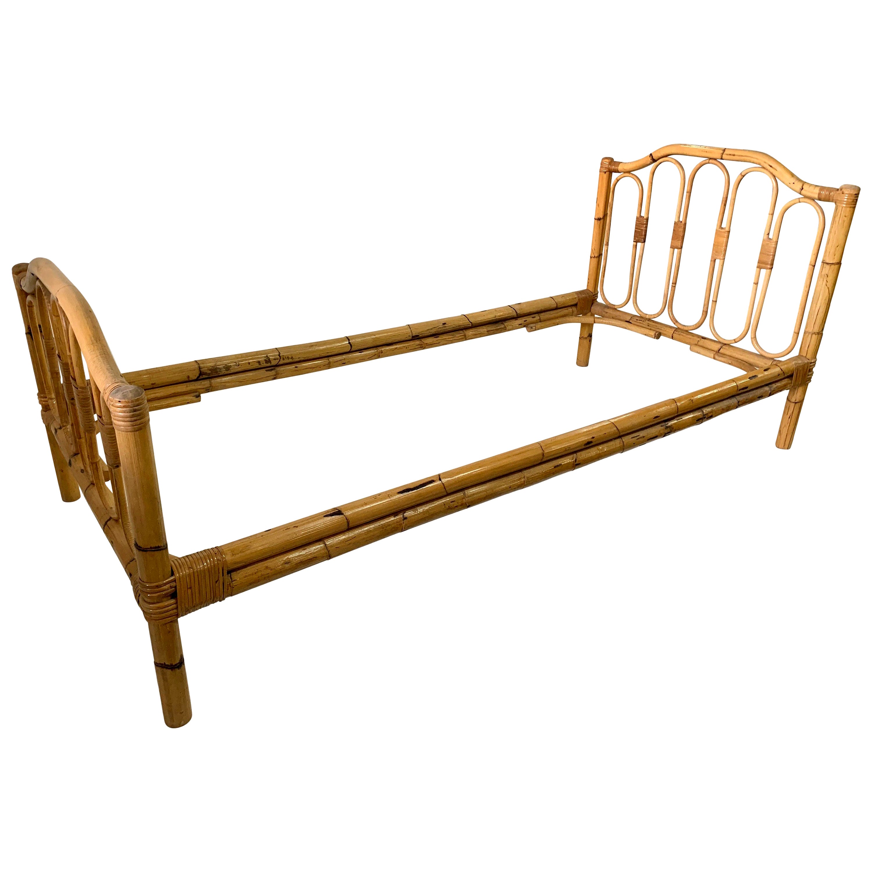 Oriental Style High Grange Pole Rattan Twin Size Sleigh Bed Frame For