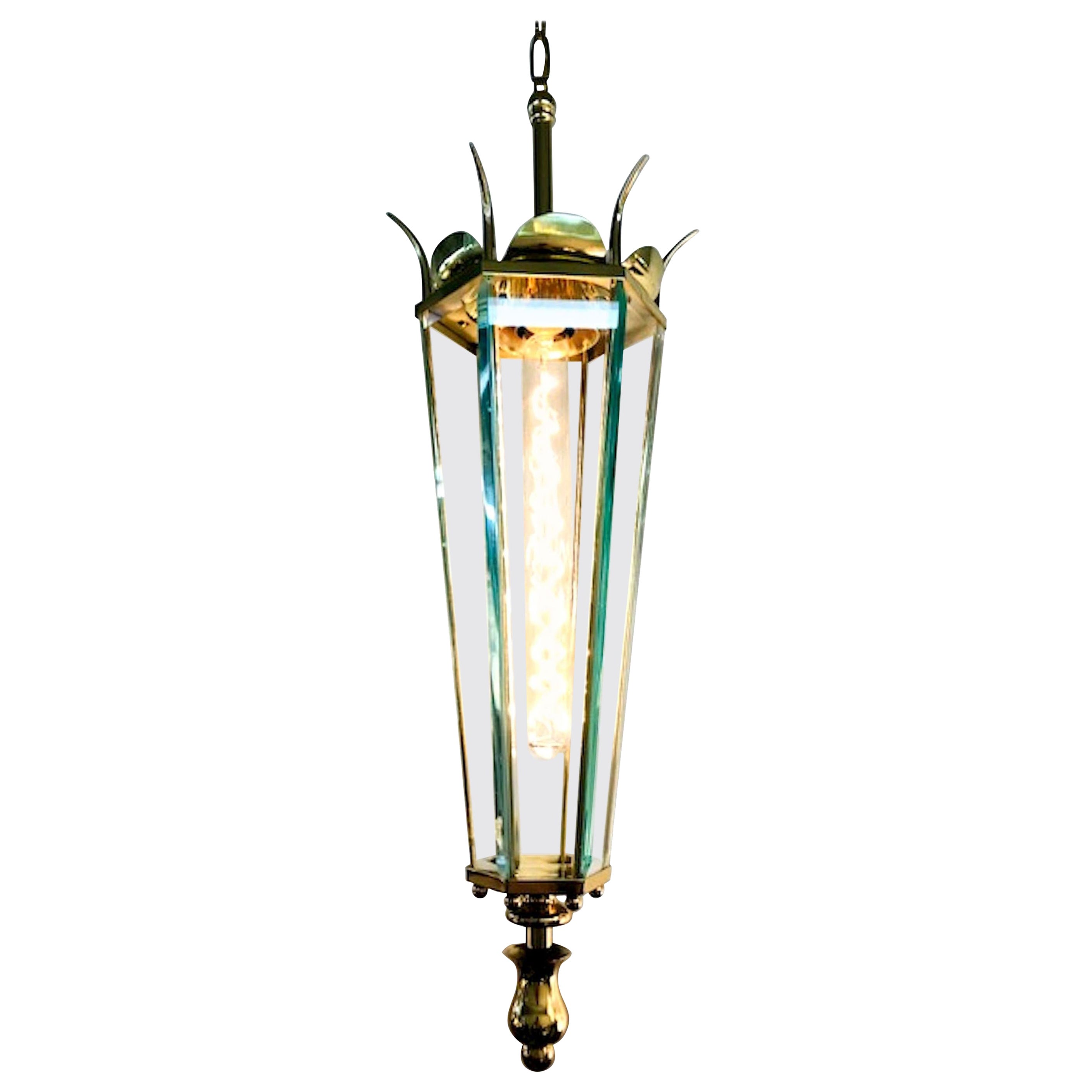 Italienische 6-seitige Laterne aus Messing und Glas aus den 1940er Jahren im Angebot