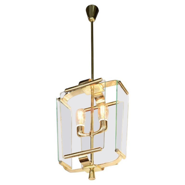 Art Deco Italian Four Glass Panel and Brass Lantern For Sale