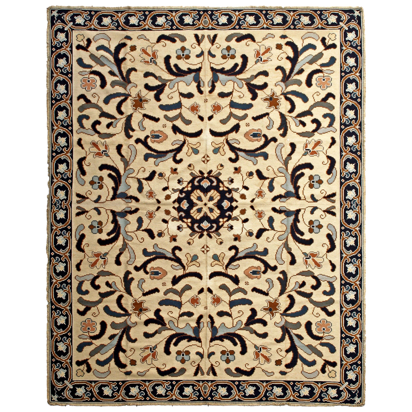 Floral European Portuguese Needlepoint Embroidered Arraiolos Rug in ...