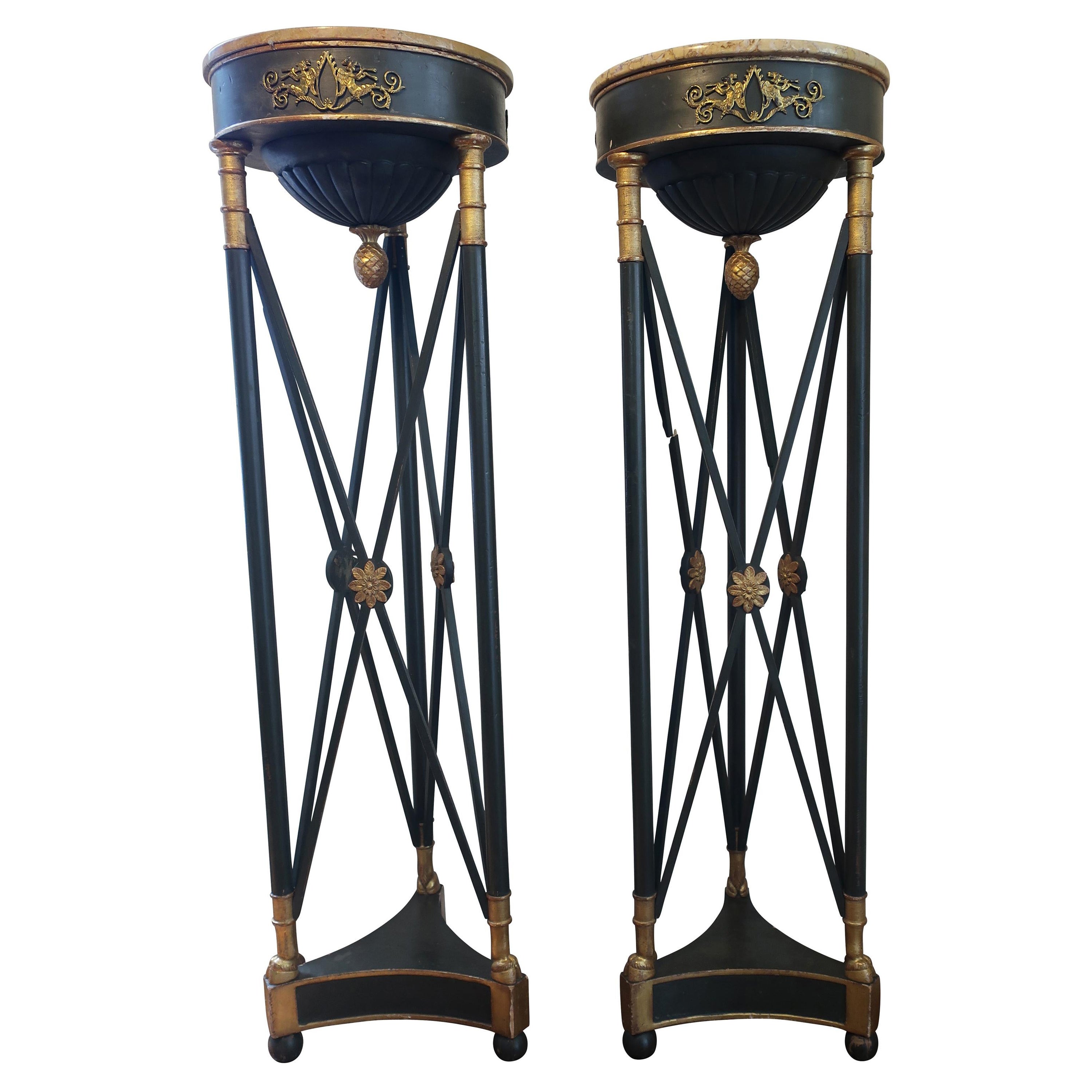Pair of Directoire Style Green and Gilt Plant Stands with Marble Tops For  Sale at 1stDibs