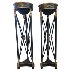 Pair of Directoire Style Green and Gilt Plant Stands with Marble Tops