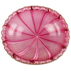 Bol décoratif en verre d'art italien de Murano rose avec rubans d'aventurine et mouchetures dorées