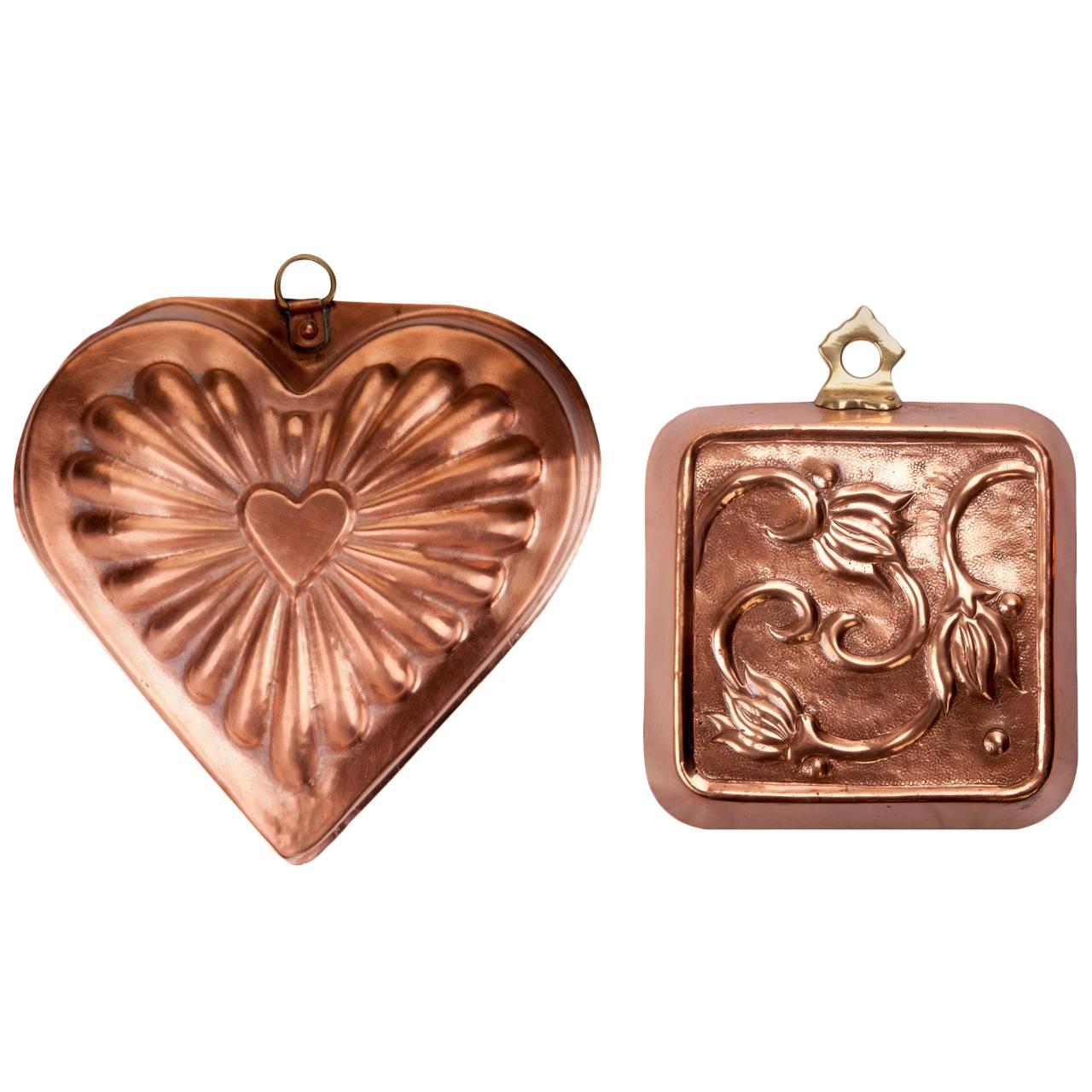 Antique Copper Heart and Flower Molds For Sale