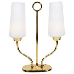 Vintage 1950s Italian Table Lamp in Brass and Case Glass Satin Shades Stilnovo Attr.