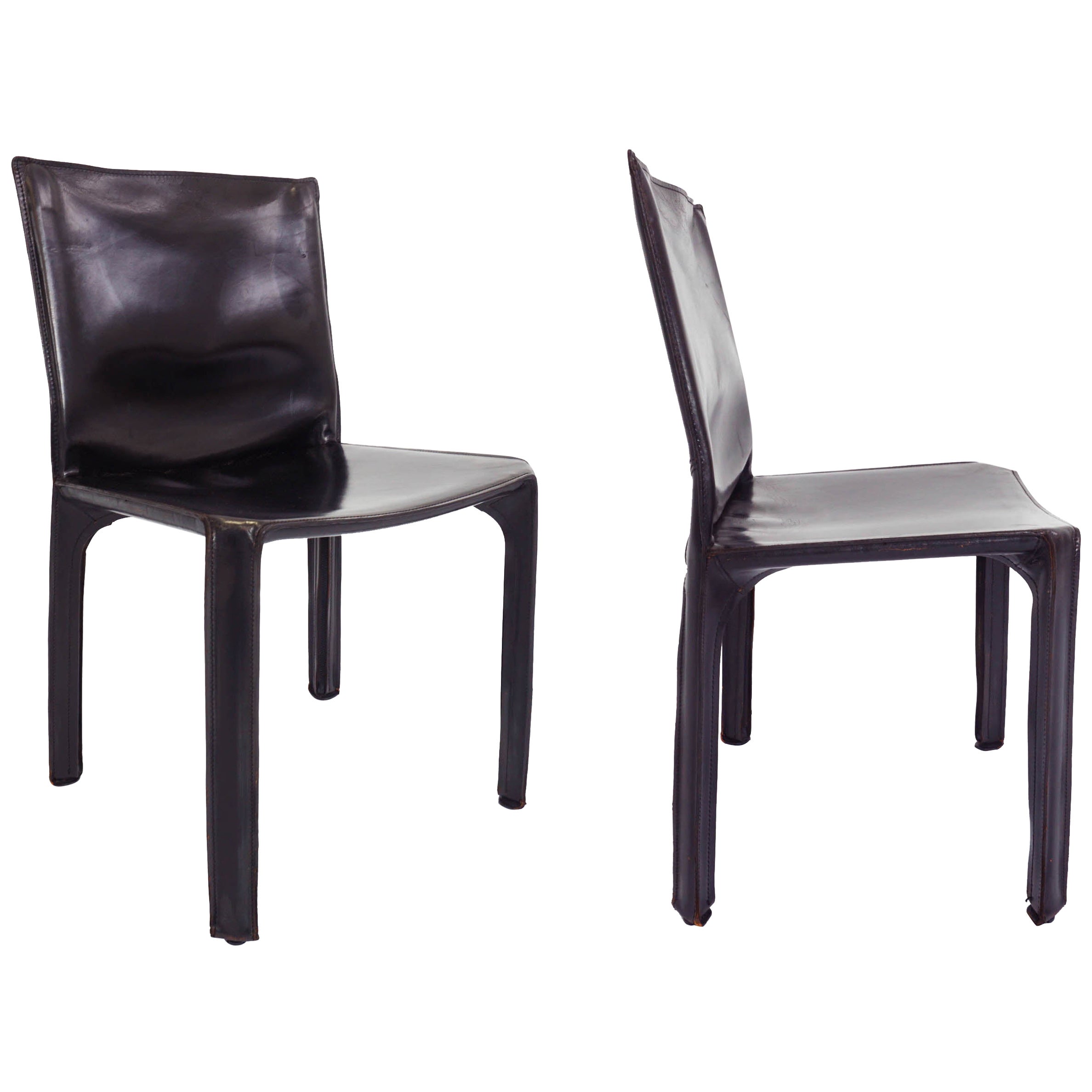 Black Patina Leather Mario Bellini Cassina Set of 2 Chairs Mod. CAB 412, Italy