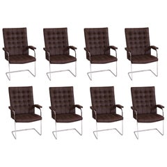 Stendig Steel and Dark Brown Leather Cantilevered Dining Chairs