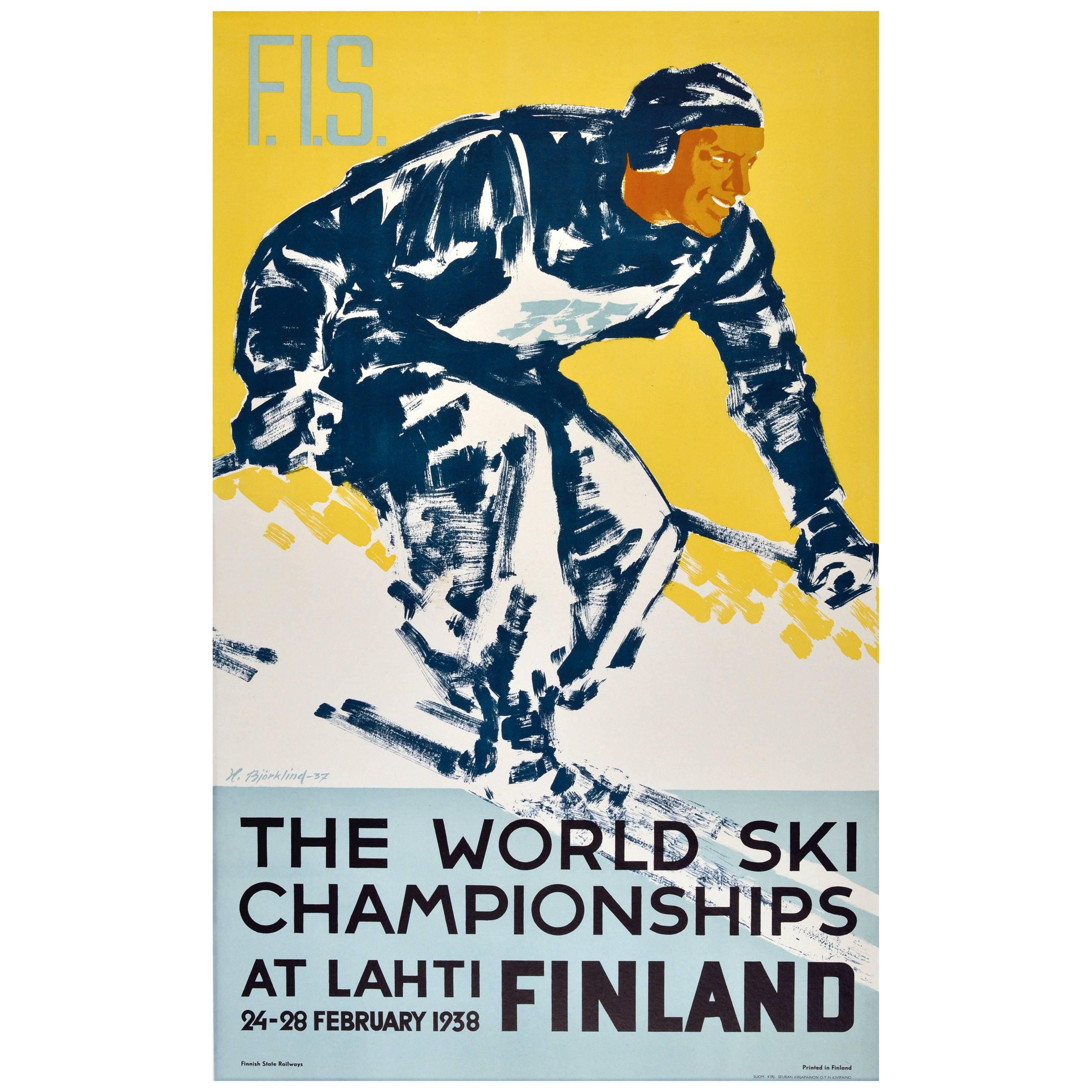 Original Vintage Poster for the 1938 World Ski Championships at Lahti, Finland