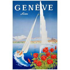 Original Vintage Poster for Geneva Switzerland Sailing Waterskiing on the Lake