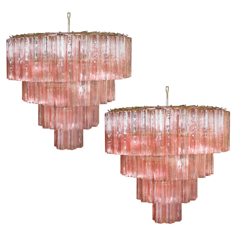 Pair Italian Tronchi Chandeliers, 78 Pink Glasses, Murano, 1990 For Sale