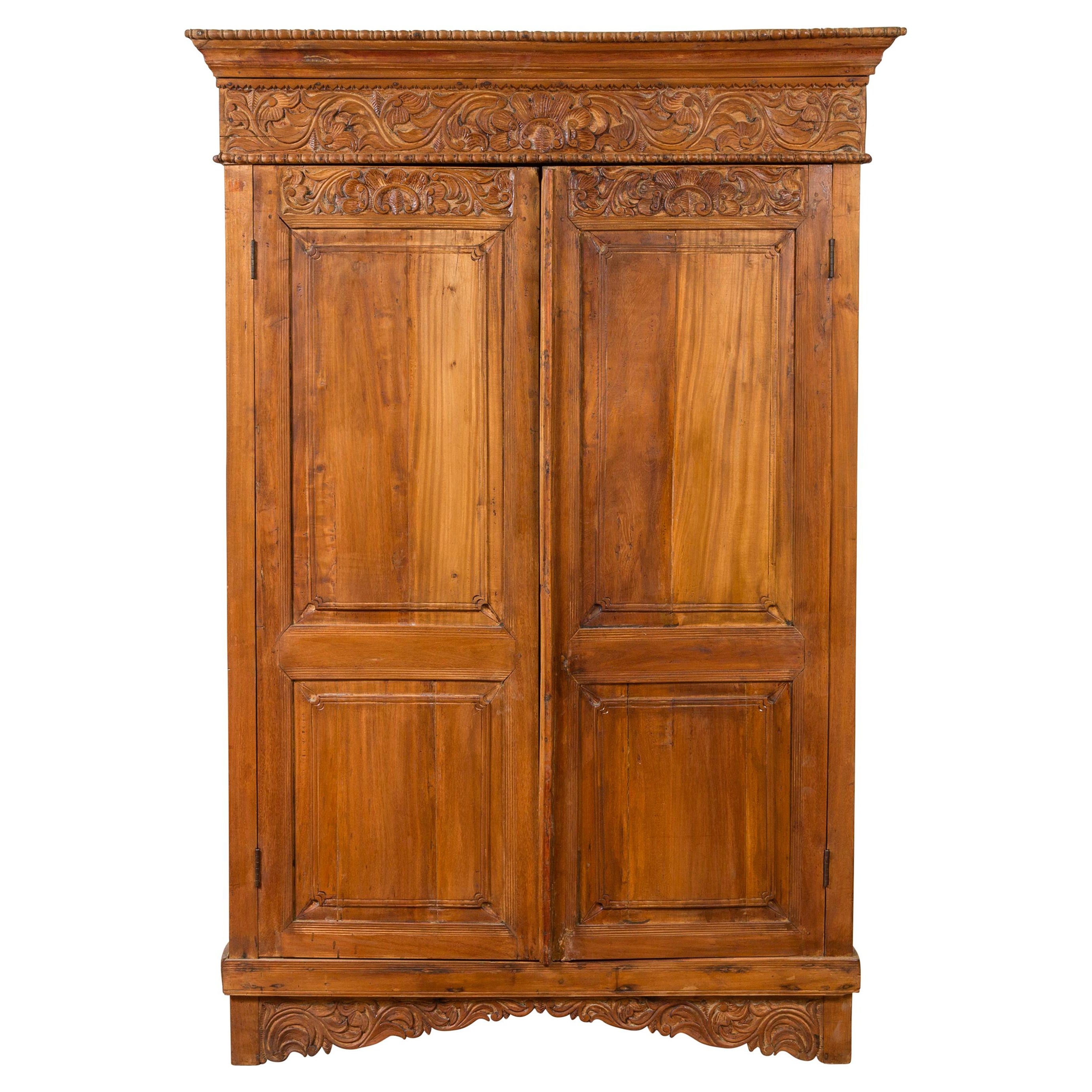 Indian 19th Century Tall Cabinet with Carved Scrolling Foliage and Beaded Motifs