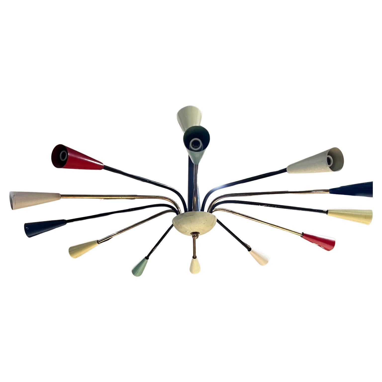 1950s Arredoluce Italian Sputnik Brass Chandelier Twelve Arm