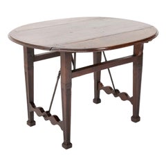 Spanish Baroque Walnut Drop Leaf Table with Wrought Iron Stretchers