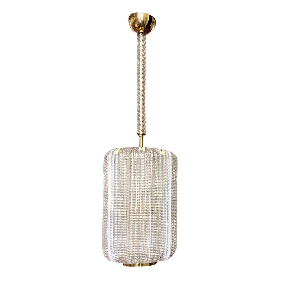 Contemporary Italian Vintage Design Crystal Murano Glass Brass Cylinder Lantern For Sale