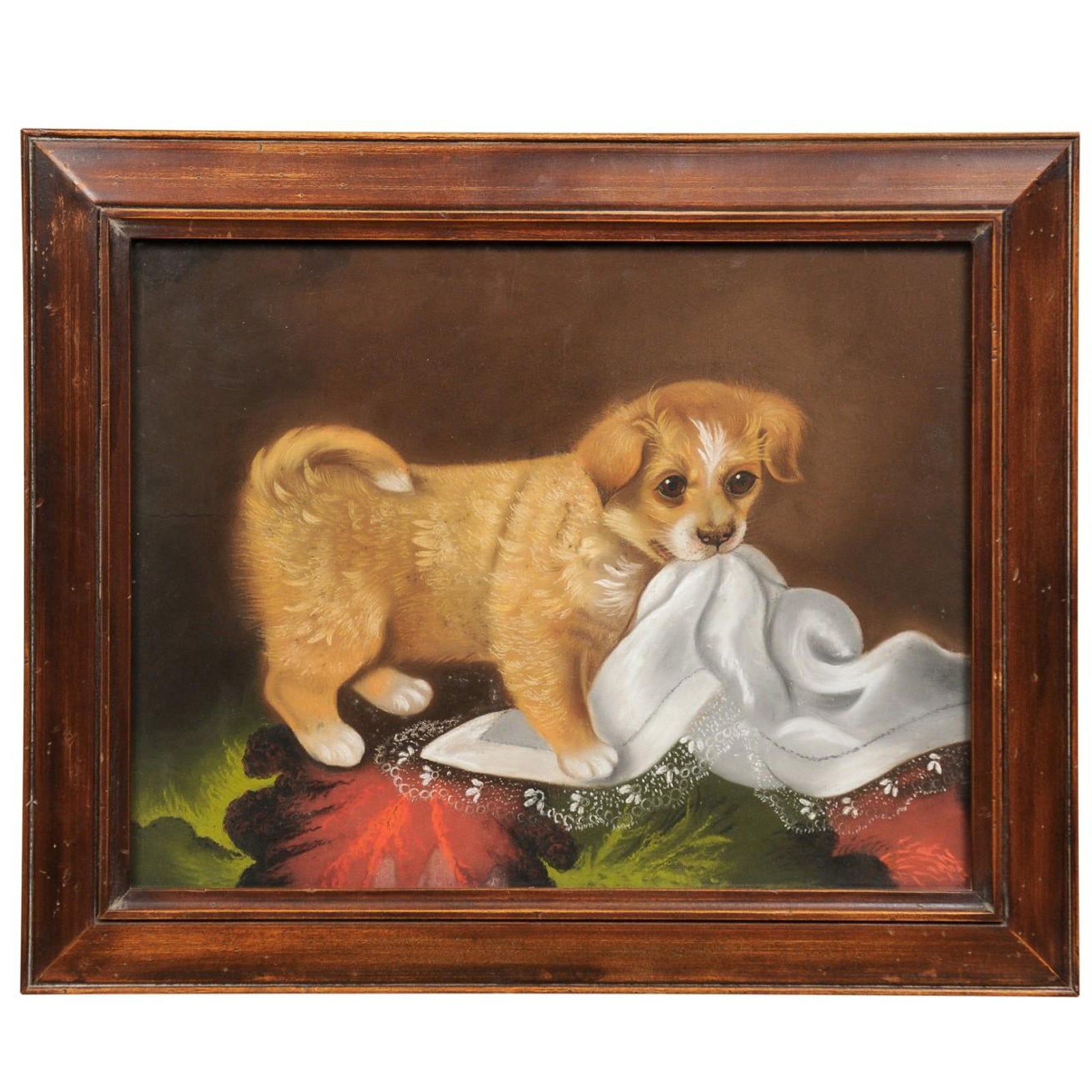 Late 19th Century Pastel Dog Portrait of Puppy with Tablecloth in Wooden Frame For Sale