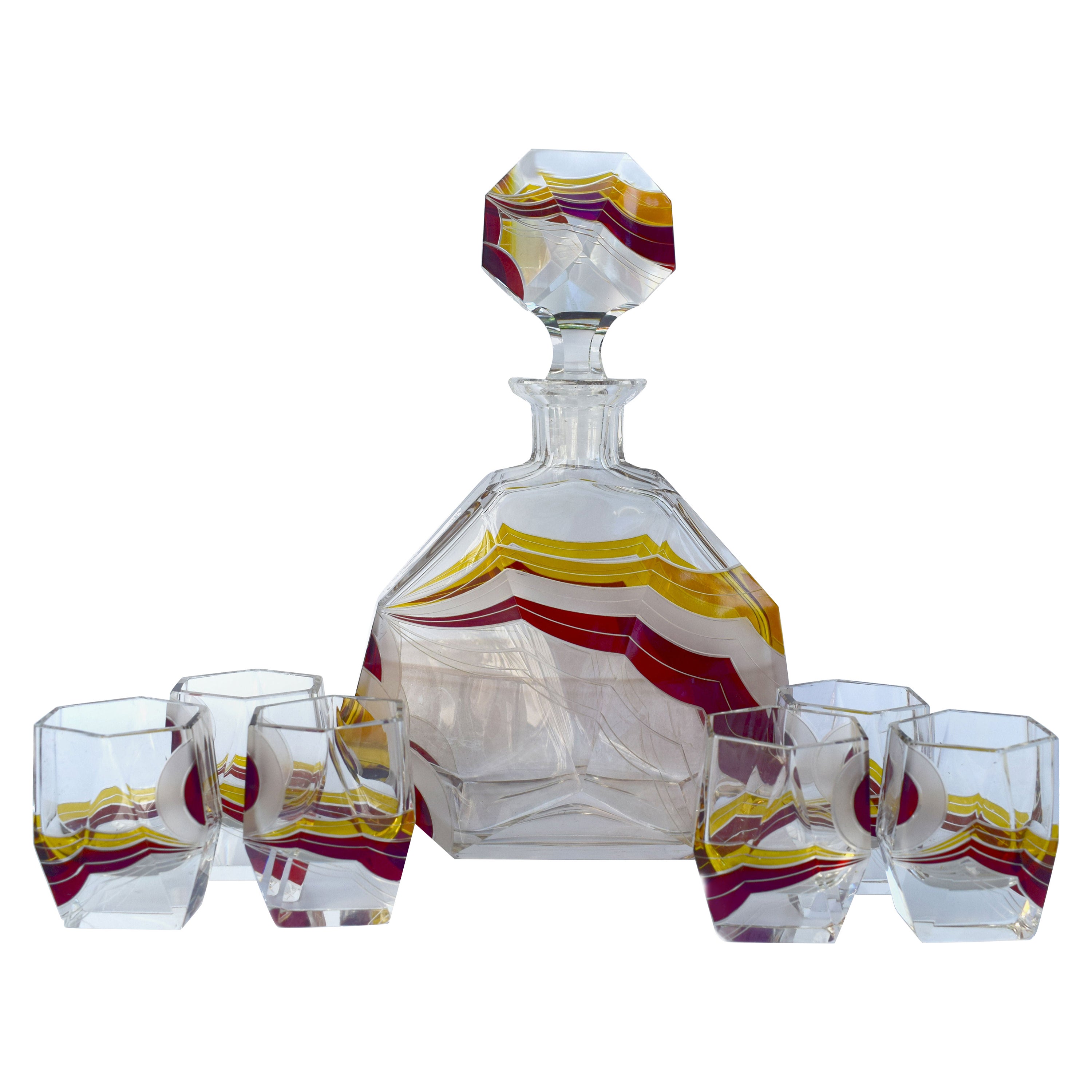 Art Deco Czech Geometric Crystal Glass Decanter Set by Karel Palda