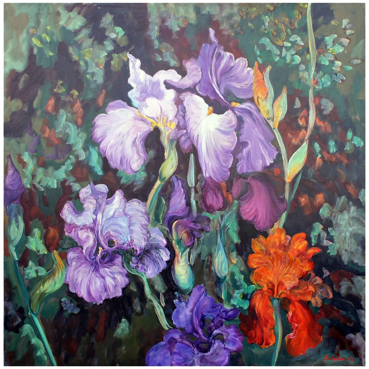 Dipinto a olio su tela Giardino dell'Iris Firmato E. Ballestra Artista Contemporaneo