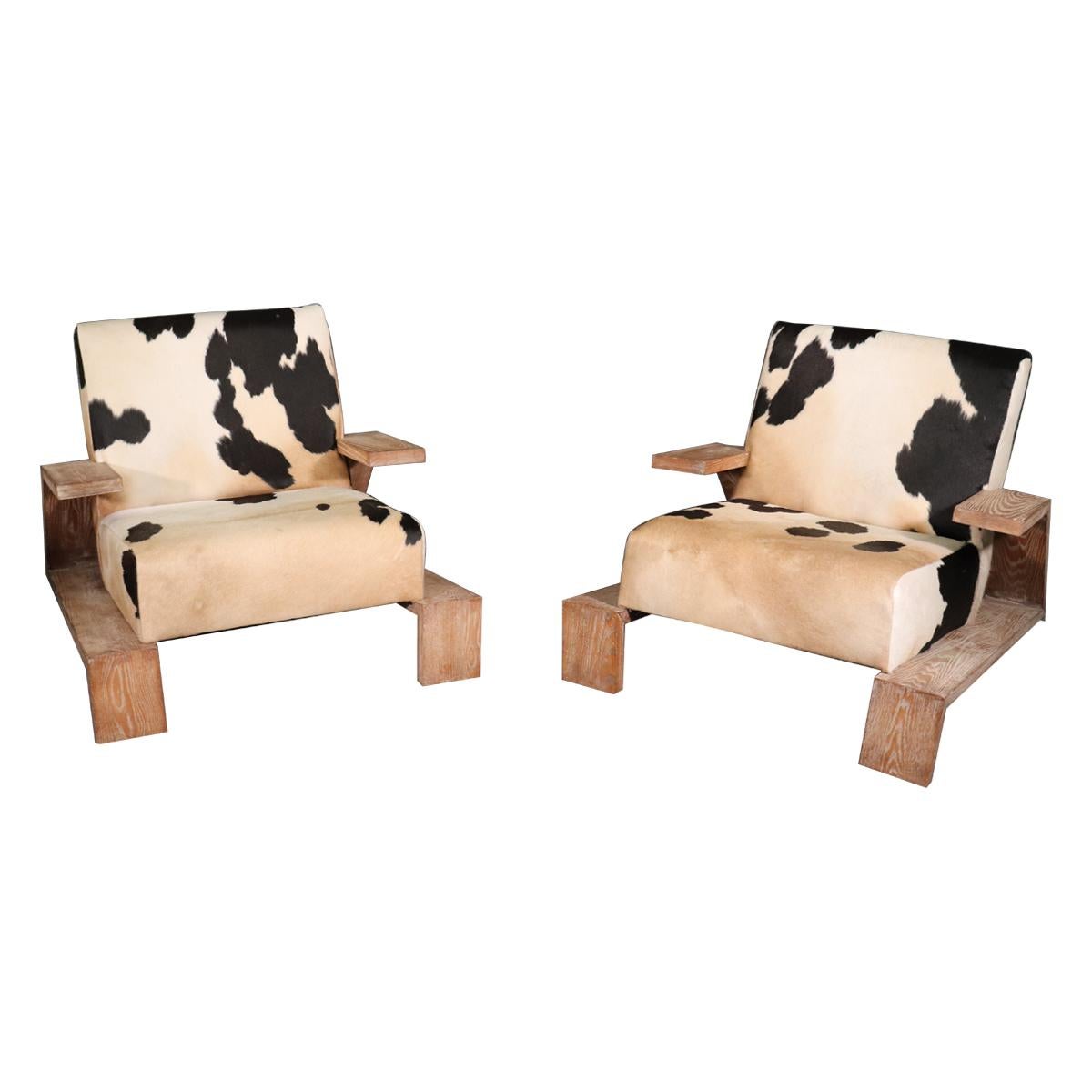 Cerused Oak Mid-Century Modern Italian Cowhide Leather Club Chairs, circa 1950s