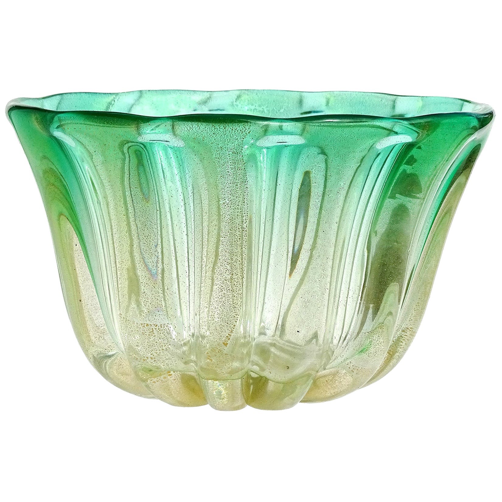 Murano Opalescent Cobalt Blue Italian Art Glass Ribbed Centerpiece Bowl Vase For Sale at 1stDibs