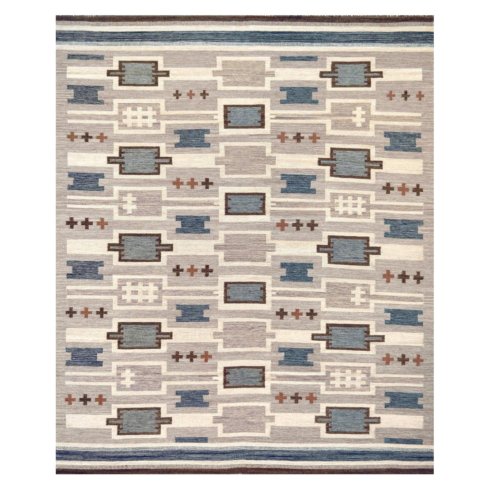 Contemporary Graphic Hand-woven Wool Swedish-Inspired Flat-Weave Rug