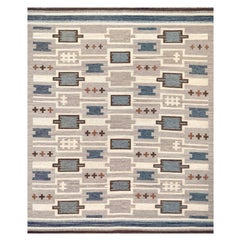Contemporary Graphic Hand-woven Wool Swedish-Inspired Flat-Weave Rug