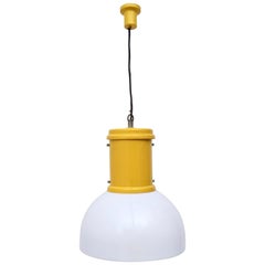 Vintage Industrial White Plexiglass and Yellow Varnished Aluminum Pendant, Italy