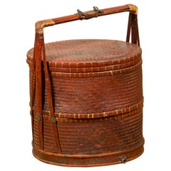 Retro Qing Dynasty Rattan and Bamboo Nested Lunch Basket with Carved Handle