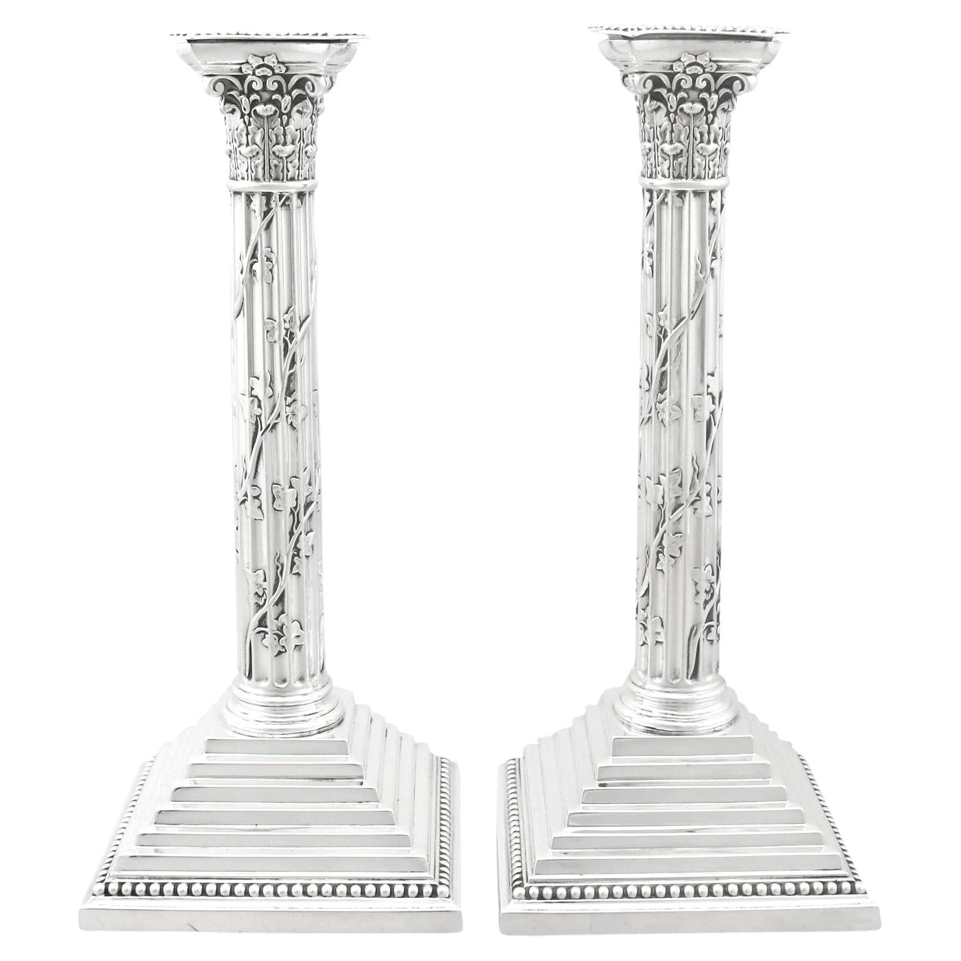 Antique Victorian Sterling Silver Corinthian Column Candlesticks