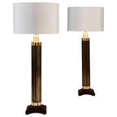 Pair of chic Italian Murano Smokey Glass and brass Column Lamps