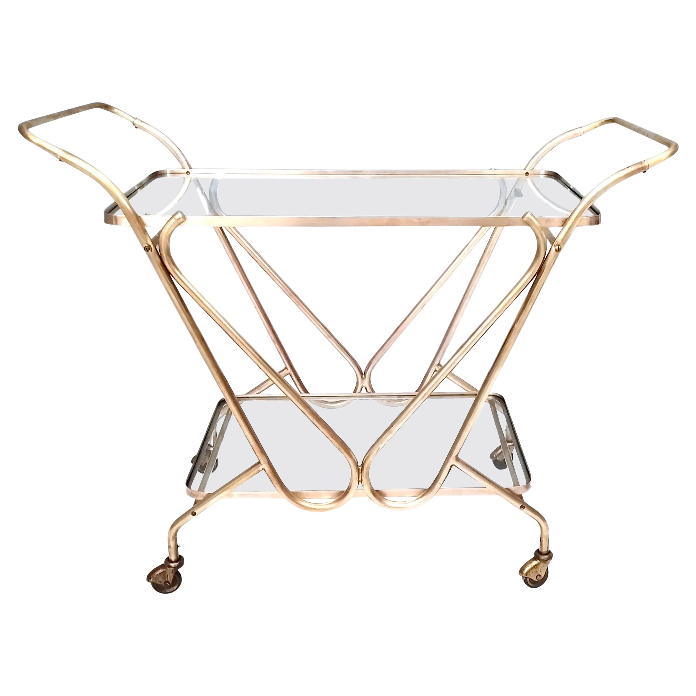 Vintage Brass Serving Cart with Glass Shelves, Italy