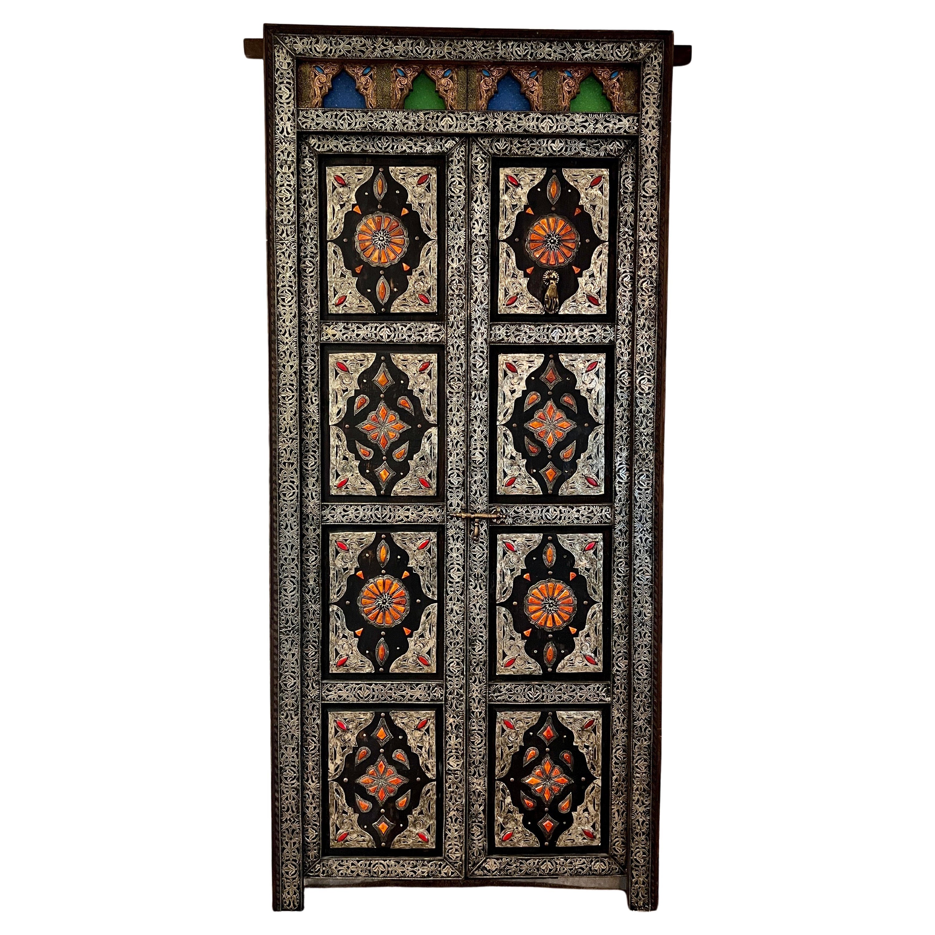 Moroccan Double Doors with Silver Overlay, Bone Inlays, & Stained Glass, c. 1960 For Sale