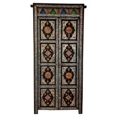 Moroccan Double Doors with Silver Overlay, Bone Inlays, & Stained Glass, c. 1960
