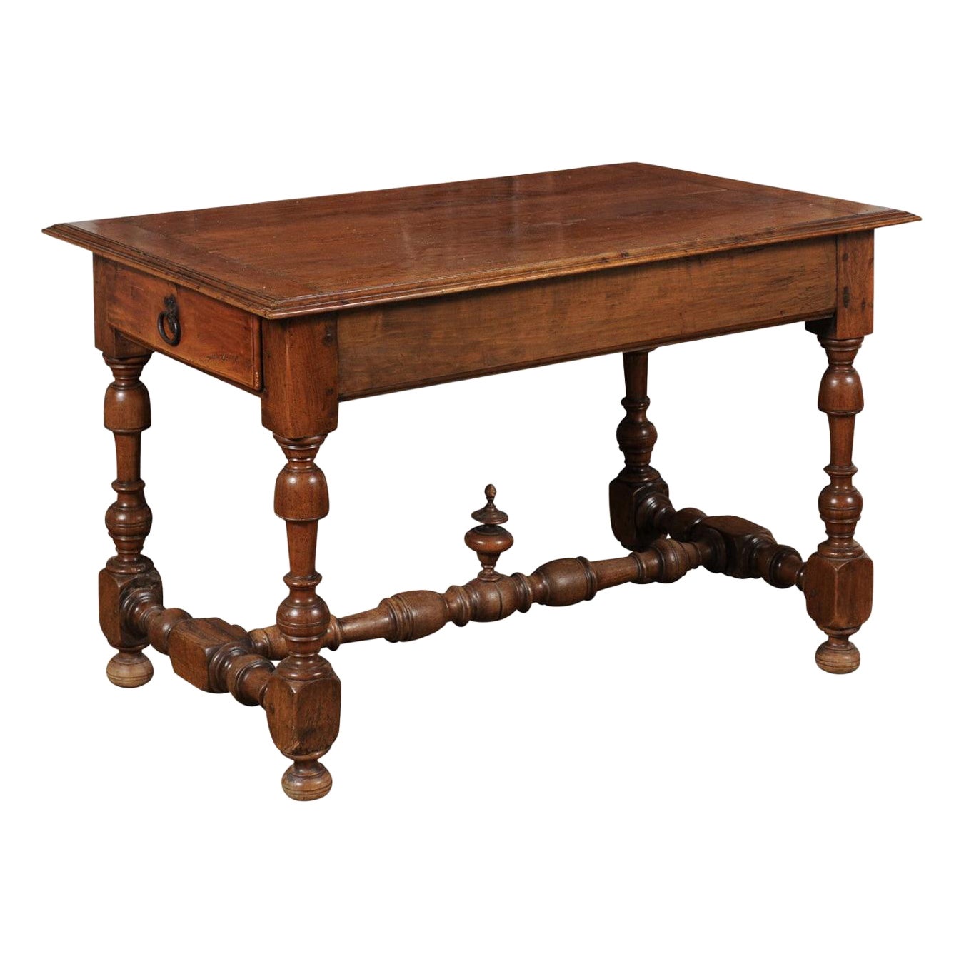 French 1850s Louis XIII Style Cherry Table with Lateral Drawer and Turned Legs