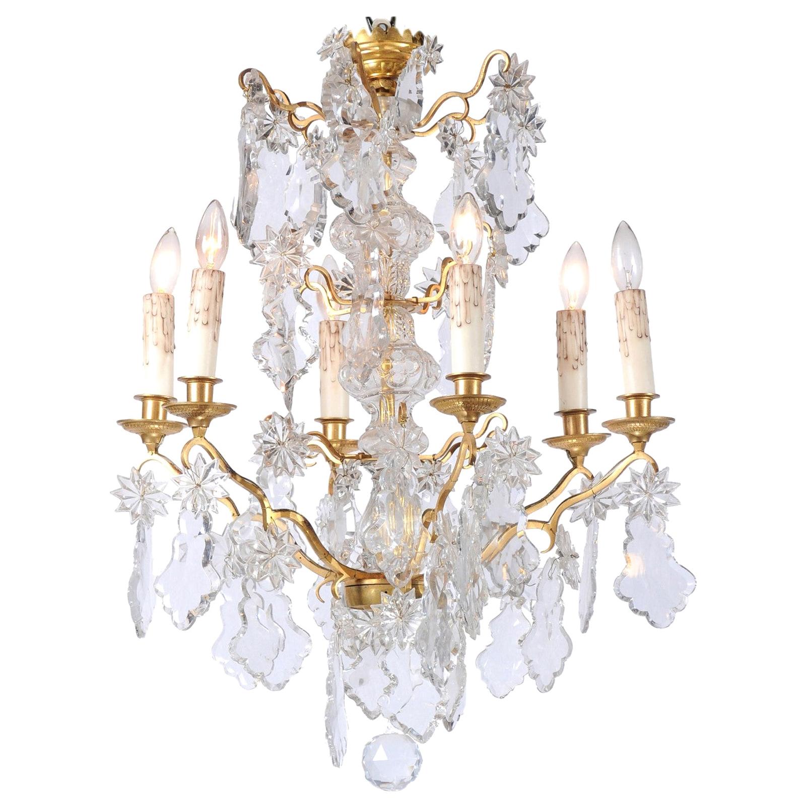 1850s Napoleon III Six-Light Crystal and Brass Chandelier with Pendeloques