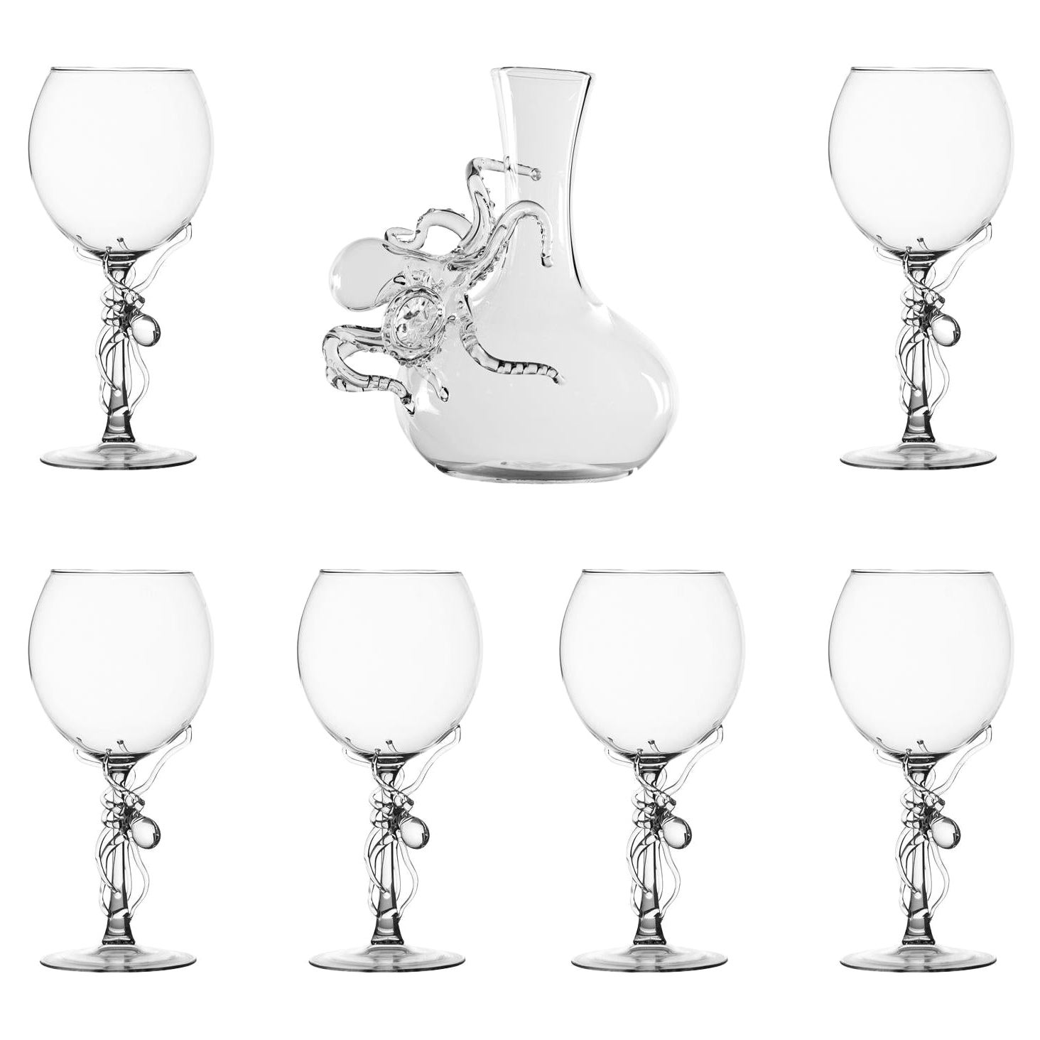 Contemporary Octopus Polpo Wine Set Hand Blown Calice Glass Decanter Ocean Red