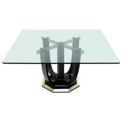 Large Square Glass-Top Black Lacquer Brass Base Dining or Conference Table