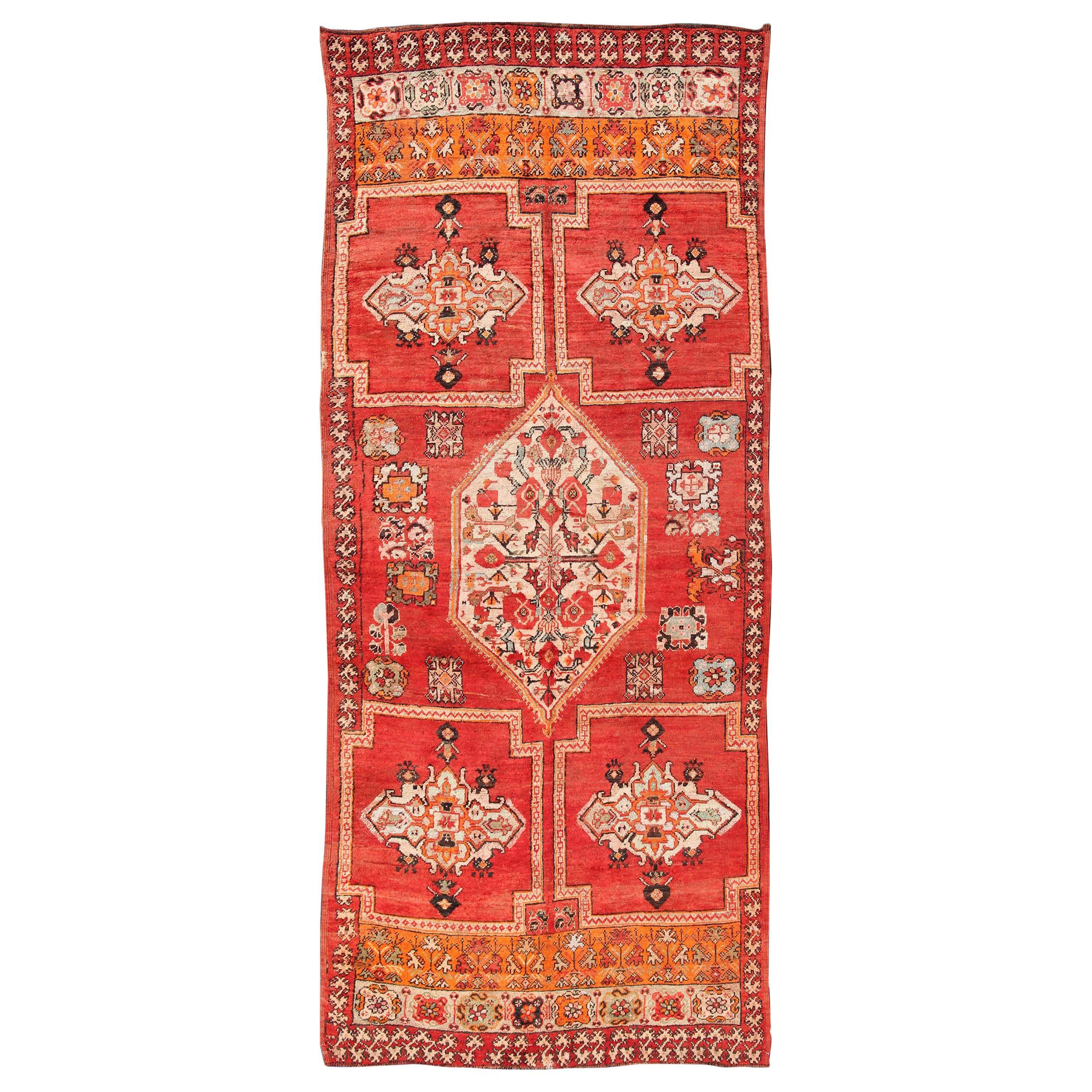 Large Vintage Moroccan Gallery Rug with Tribal Design in Red, Ivory and Orange