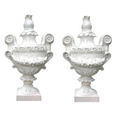 Monumental Pair of Italian Neoclassical Style Glazed Terracotta Urns