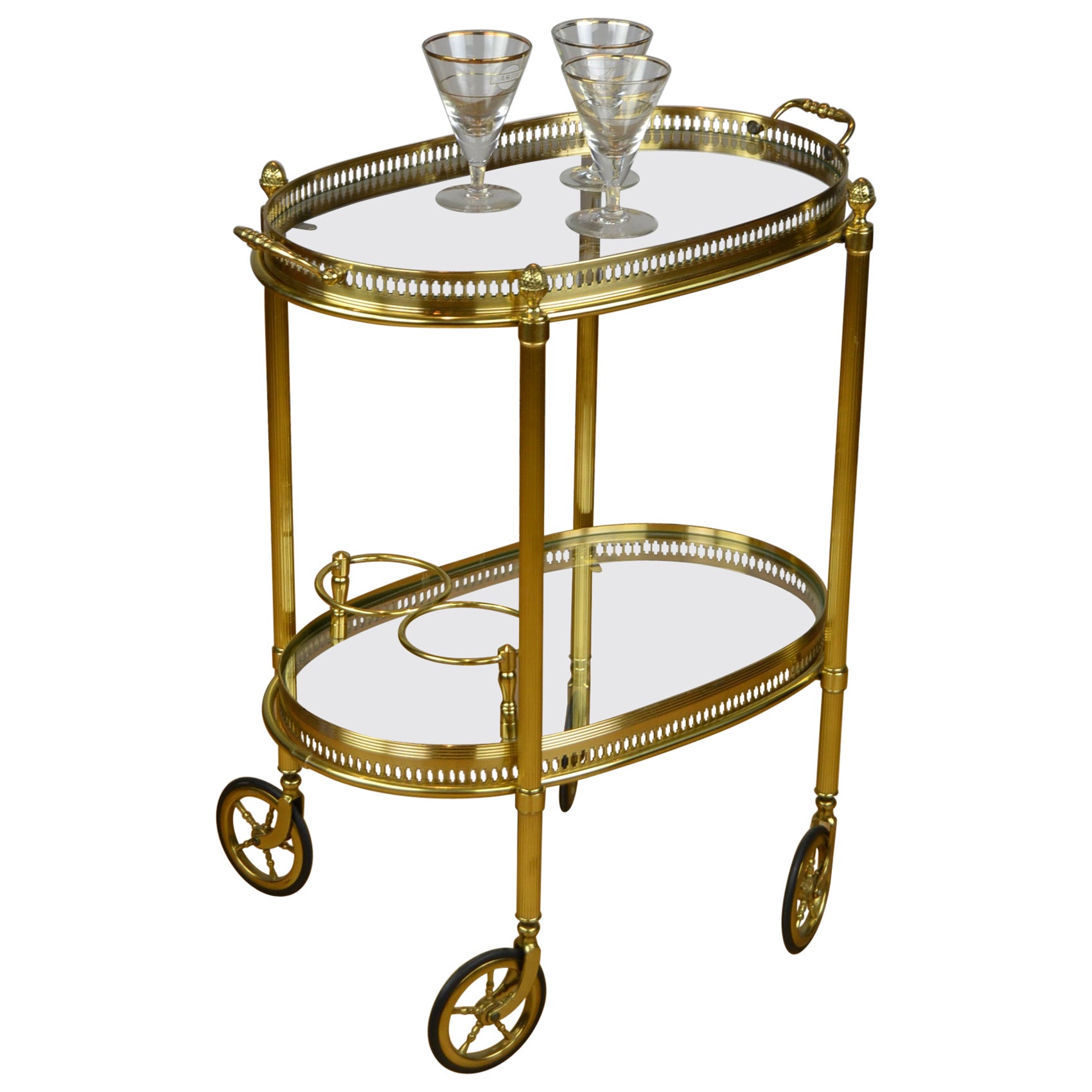 English TwoTier Brass and Glass Bar Cart with Bottle Holders and Brass